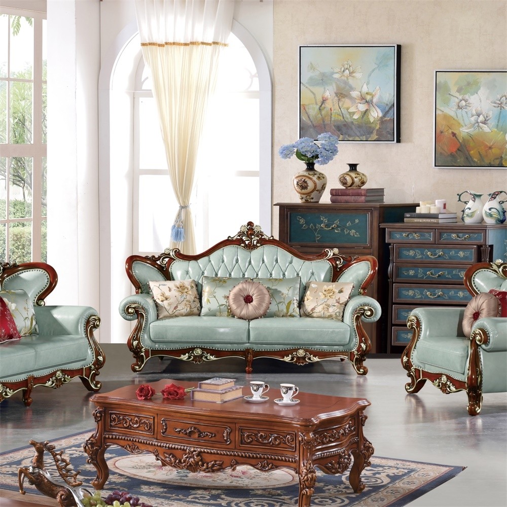 欧式头层真皮沙发组合客厅小奢华美式大户型别墅实木简欧123实木雕花